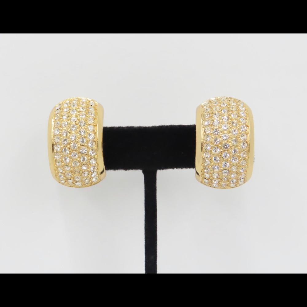 VINTAGE CHRISTIAN DIOR PAVE CRYSTAL HALF HOOP EARRINGS - Picture 2 of 8